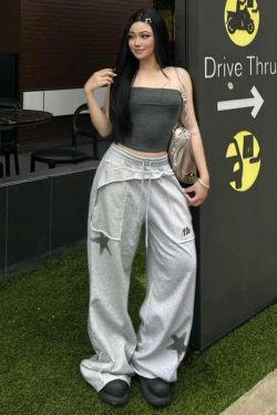 Street Gray Deconstructed Star Print Casual Pants for Women - Versatile Loose Straight Leg Dance Trousers, Trendy Y2K Style