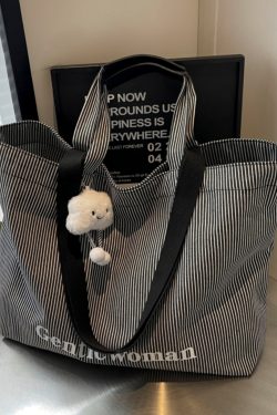 Striped Canvas Tote Bag for Women - Relaxed Commuting Shoulder Bag, Large Capacity Shopping Bag for Short Trips