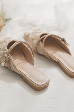 Summer 2025 Sheepskin Open-Toe Slip-On Lazy Shoes for Women - Stylish French Half Slippers for Outdoor Wear