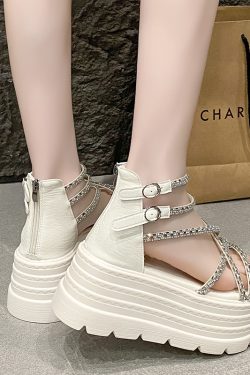 Summer 2025 Women's 8cm Thick-Soled Platform Sandals with Water Diamonds, Fairy Style Roman Beach Shoes for Skirts