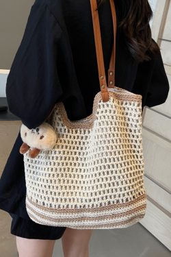 Summer 2025 Women's Woven Straw Bag, Large Capacity Cotton Thread Tote for Seaside Vacations & Commuting