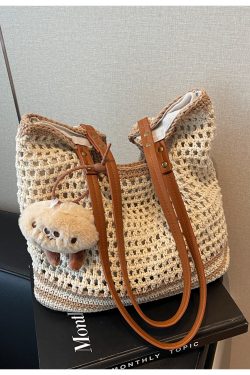 Summer 2025 Women's Woven Straw Bag, Large Capacity Cotton Thread Tote for Seaside Vacations & Commuting