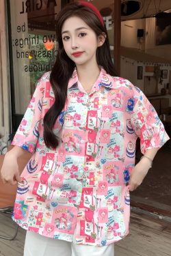 Summer Casual Loose Cartoon Print Short Sleeve Shirt for Women - Unique Beach Top for Students