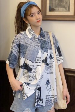 Summer Casual Loose Printed Short-Sleeve Shirt for Women - Versatile Beach Top in Hong Kong Style
