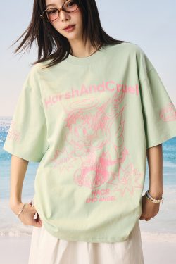 Summer Children's Fun Hand-Drawn Emo Angel Street Graffiti Loose Short Sleeve T-shirt - Trendy Y2K Aesthetic Fashion