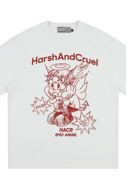 Summer Children's Fun Hand-Drawn Emo Angel Street Graffiti Loose Short Sleeve T-shirt - Trendy Y2K Aesthetic Fashion