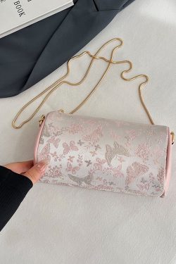Summer Chinese-Style Round Tube Crossbody Bag for Women with Butterfly Embroidery and Zipper for Phones