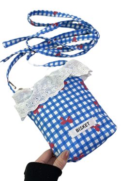 Summer Fresh Lace Mini Bag for Women - 2025 Fashion Plaid Zip Crossbody Phone Bag, Trendy Y2K Style