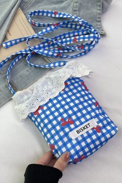 Summer Fresh Lace Mini Bag for Women - 2025 Fashion Plaid Zip Crossbody Phone Bag, Trendy Y2K Style