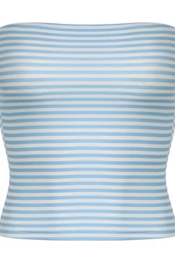 Summer Island Blue Strapless Striped Vest for Women, Elastic Wrap Top, Backless Design, Skin Tone Enhancing, Y2K Style