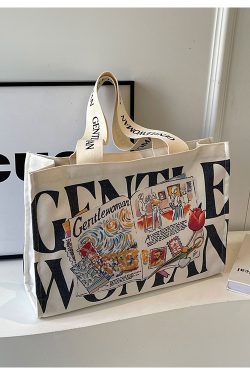 Summer Large Capacity Letter Canvas Tote Bag for Women - Fashionable Commuting Shoulder Bag for College Students and Shopping