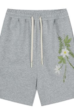 Summer Plant Series Double-Sided Jelly Feel Fabric Embroidered Sweatpants Shorts for Women - Y2K Aesthetic Fashion