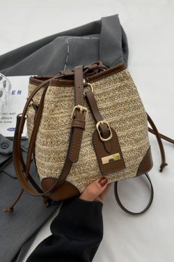 Summer Retro Color-Blocking Straw Bucket Bag for Women - Versatile Crossbody Bag for Beach Vacation and Casual Outings