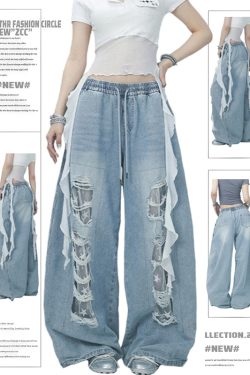 Summer Ripped Denim Pants for Women, Lace Patchwork Design, Trendy Casual Jazz Dance Style, Streetwear Fashion