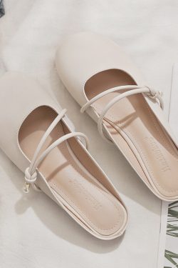 Summer Sheepskin Backless Flat Evening Shoes for Women - Fairy Style Closed-Toe Half Slippers, Perfect for Outdoor Wear