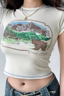 Summer Slim Fit Sexy Crop Top Women's Vintage Printed Round Neck T-Shirt - Retro 90s Style