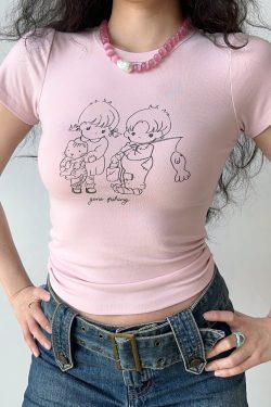 Summer Slim Fit Shoulder T-shirt for Women - Simple Line Drawing Print, European American Style, Round Neck Short Sleeve Top