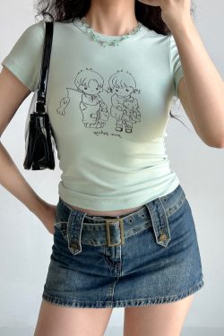 Summer Slim Fit Shoulder T-shirt for Women - Simple Line Drawing Print, European American Style, Round Neck Short Sleeve Top