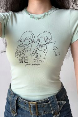 Summer Slim Fit Shoulder T-shirt for Women - Simple Line Drawing Print, European American Style, Round Neck Short Sleeve Top