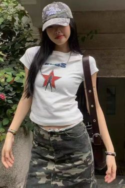 Summer Star Print Sexy Shoulder T-Shirt for Women - Retro Slim Fit Short Sleeve Round Neck Top in 90s Style