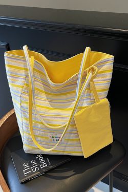 Summer Striped Double-Sided Canvas Tote Bag for Women, Large Capacity Travel Shoulder Bag, Versatile for Students and Commuting