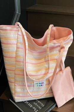 Summer Striped Double-Sided Canvas Tote Bag for Women, Large Capacity Travel Shoulder Bag, Versatile for Students and Commuting