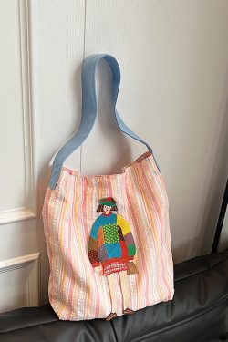 Summer Striped Embroidered Canvas Bucket Bag - Versatile Women's Large Capacity Shoulder Tote for Commuting