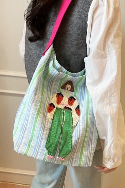 Summer Striped Embroidered Canvas Bucket Bag - Versatile Women's Large Capacity Shoulder Tote for Commuting