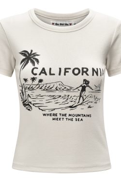 Summer Surf Print Round Neck Short Sleeve Cotton T-shirt for Women - Slim Fit, European American Style, Casual 90s Fashion