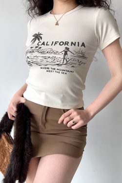 Summer Surf Print Round Neck Short Sleeve Cotton T-shirt for Women - Slim Fit, European American Style, Casual 90s Fashion