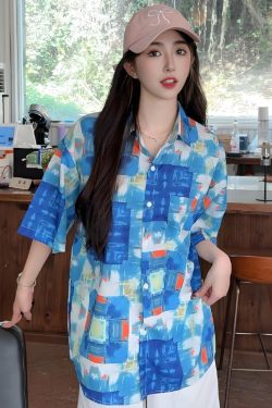 Summer Tie-Dye Floral Short Sleeve Shirt for Women, Retro Loose Beach Top, Trendy Versatile Style, Y2K Fashion