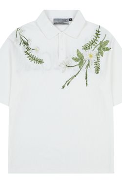 Summer Unisex Embroidered Plant Series Waffle Polo Shirt - Relaxed Fit, Short Sleeve, Trendy 90s Style