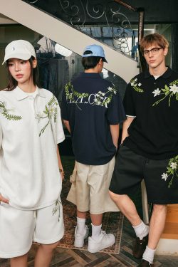 Summer Unisex Embroidered Plant Series Waffle Polo Shirt - Relaxed Fit, Short Sleeve, Trendy 90s Style