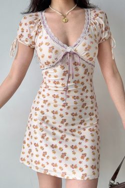 Summer V-Neck Short Sleeve Dress for Women - Lace Splicing Tie-Dye Print, European & American Style, Trendy 90s Y2K Fashion