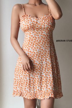 Summer Vintage Floral Spaghetti Strap Dress with Ruffled Hem - Elegant French Style for Effortless Y2K Fashion
