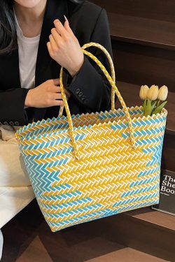 Summer Women's Handheld Woven Bag - Large Capacity Color Block Vegetable Basket for Beach Outings, Trendy 2025 Fashion
