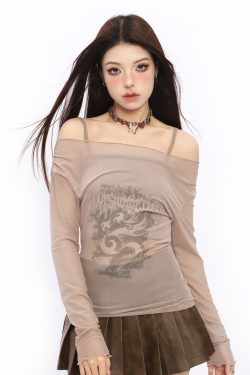 Summer Women's One-Shoulder Spaghetti Strap Mesh Two-Piece Outfit - American Style, Waist-Cinching, Slim Fit, Sun Protection