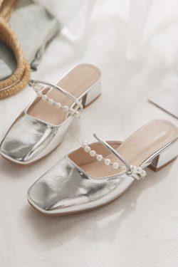 Summer Women's Sheepskin Slip-On Chunky Heeled Closed-Toe Slippers - No-Heel Lazy Style for Outdoor Fashion