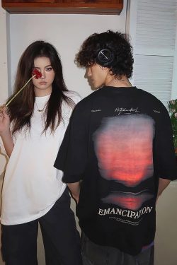 Sunset American Street Short Sleeve Pure Cotton T-Shirt for Couples - Trendy 90s Inspired Fashion