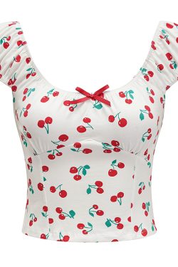 Sweet and Spicy Cherry Print Off-Shoulder Short Sleeve T-Shirt for Women - Summer Slim Fit European & American Style Top