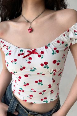 Sweet and Spicy Cherry Print Off-Shoulder Short Sleeve T-Shirt for Women - Summer Slim Fit European & American Style Top