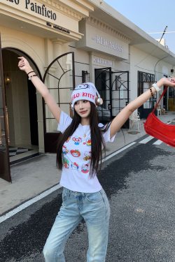 Sweet and Spicy Kitty Cat Short Sleeve T-Shirt for Women - American Style Slim Fit Top - 2025 Summer Versatile 90s Y2K Fashion