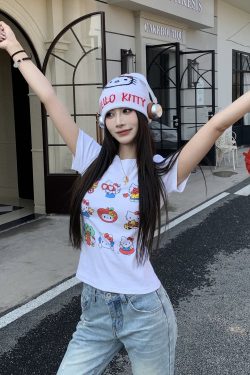 Sweet and Spicy Kitty Cat Short Sleeve T-Shirt for Women - American Style Slim Fit Top - 2025 Summer Versatile 90s Y2K Fashion