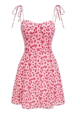 Sweet and Spicy Pink Floral Spaghetti Strap Dress for Women - A-Line Short Summer Dress with Shoulder Tie - European & American Style
