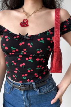 Sweet Cherry All-Over Print Puff Sleeve Slim T-Shirt - Low Neckline Round Neck Women's Top in European American Style