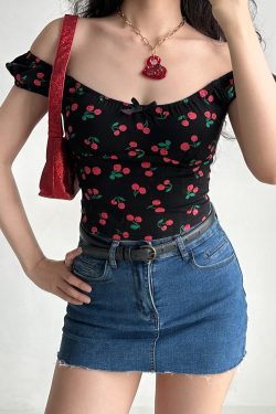 Sweet Cherry All-Over Print Puff Sleeve Slim T-Shirt - Low Neckline Round Neck Women's Top in European American Style