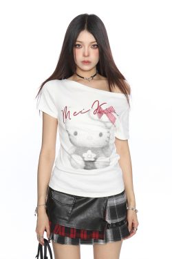 Sweet Cool Cartoon Hello Kitty Off-Shoulder Short Sleeve T-Shirt for Women - Slimming Chic Summer Top, Y2K Style