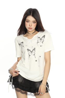 Sweet Cool Ink Painting Butterfly Short Sleeve T-Shirt for Women - Summer Drawstring Waist Casual Top, Trendy Y2K Style