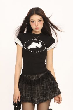 Sweet Cool Lace Spliced Rabbit Shoulder Short Sleeve T-Shirt for Women - Y2K Slim Fit Summer Top