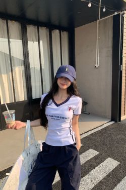 Sweet Cool Three Stripe V-Neck Short Sleeve T-Shirt for Women - Slim Fit American Style Summer 2025 Top